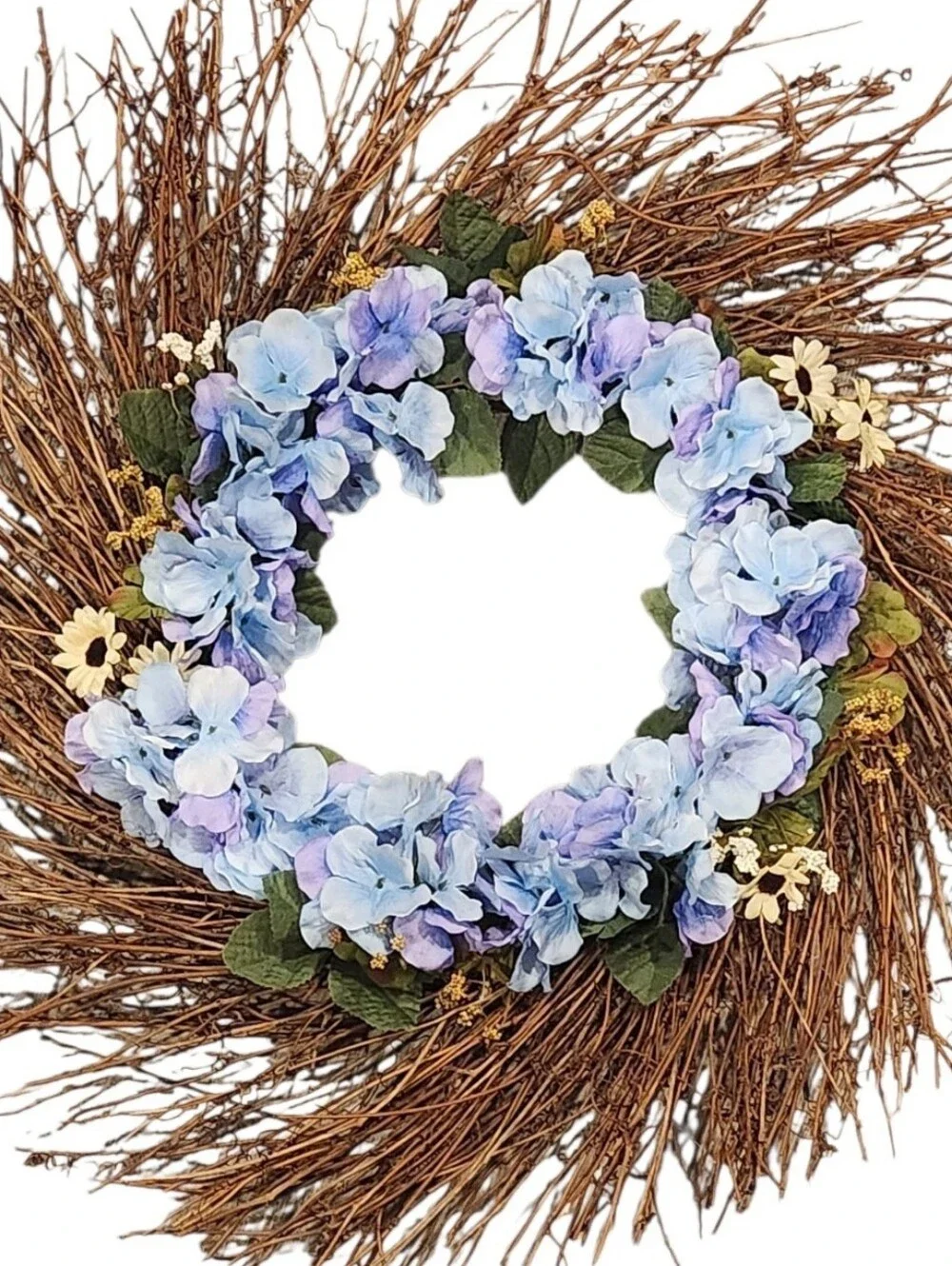Handmade Summer Blue Hydrangea Grapevine Wreath Rustic Farmhouse Door Decor